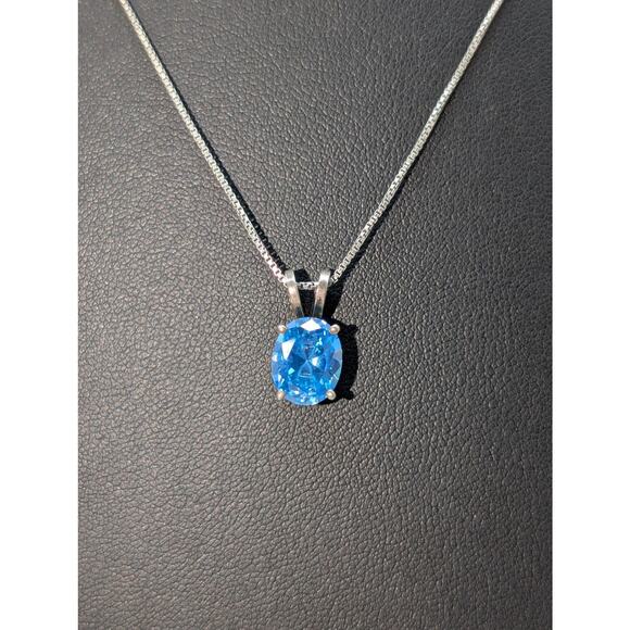 Vtg 925 Sterling Brilliant Blue Crystal Solitaire Pendant Box Chain Necklace - Picture 8 of 9
